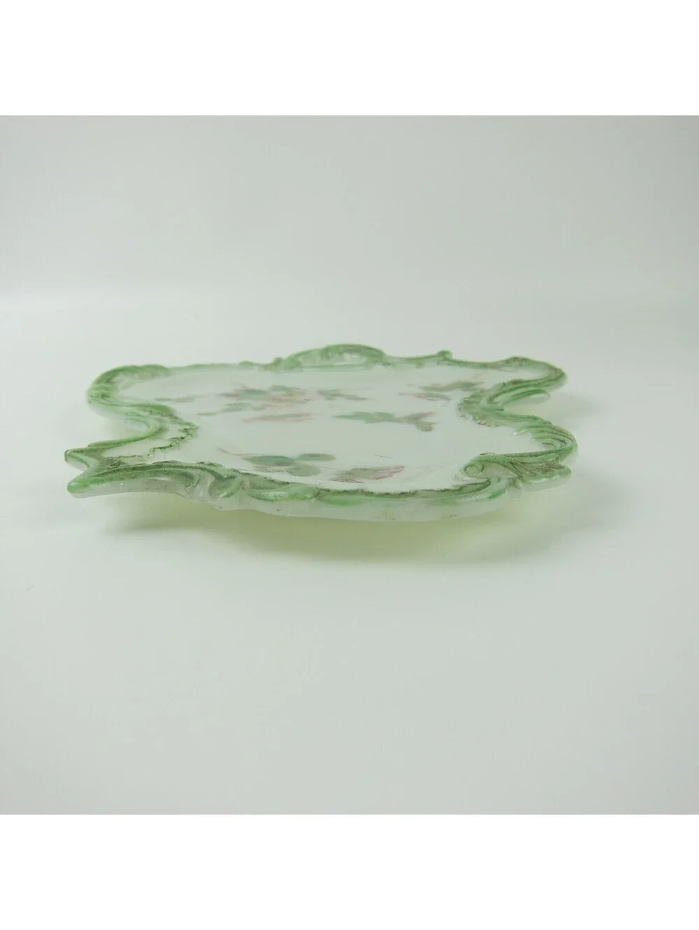 Vintage Milk Glass Vanity Tray / Candy Dish Green & Pink Flowers Open Handle